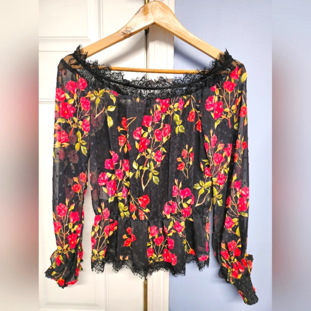 NBD black with red floral semi-sheer Dylan off-the-shoulder top XS Like New